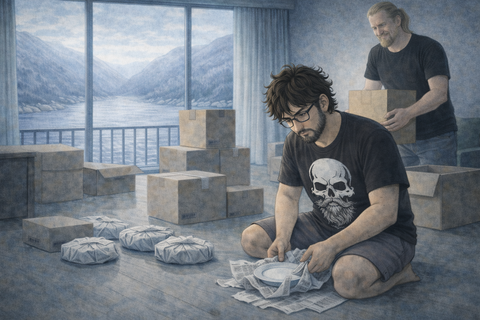 Faris alone in the Norwegian apartment, kneeling on the floor wrapping a plate in newspaper. Moving boxes everywhere. The fjord beautiful and indifferent.